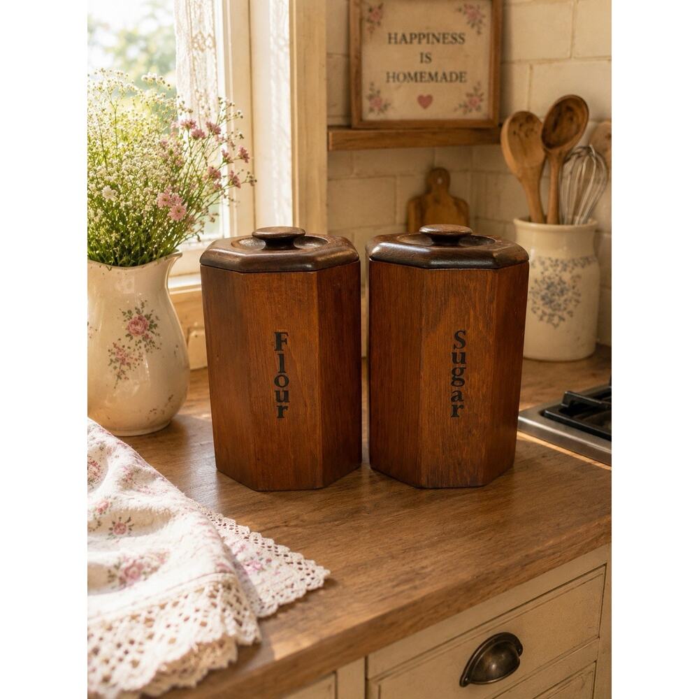 Vtg 70s Wooden Kitchen Canister Set Flour Sugar Granny Country Kitchen Cottage